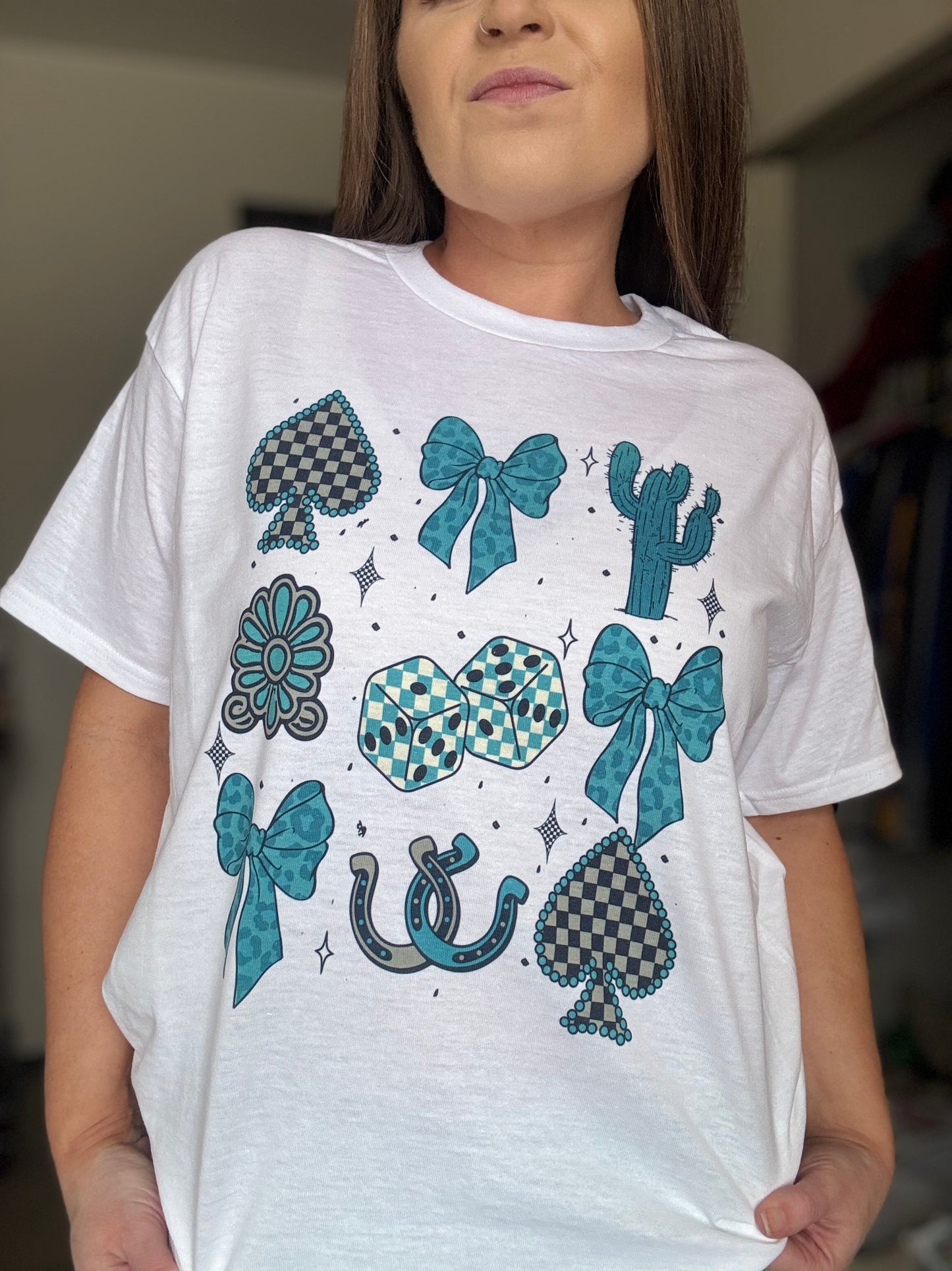 Turquoise Collage Graphic Top